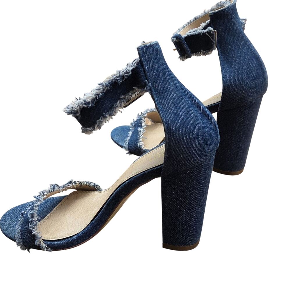 Olivia Ferguson Denim Block Heel Sandals 7 Frayed Barely There Chic - Picture 7 of 10